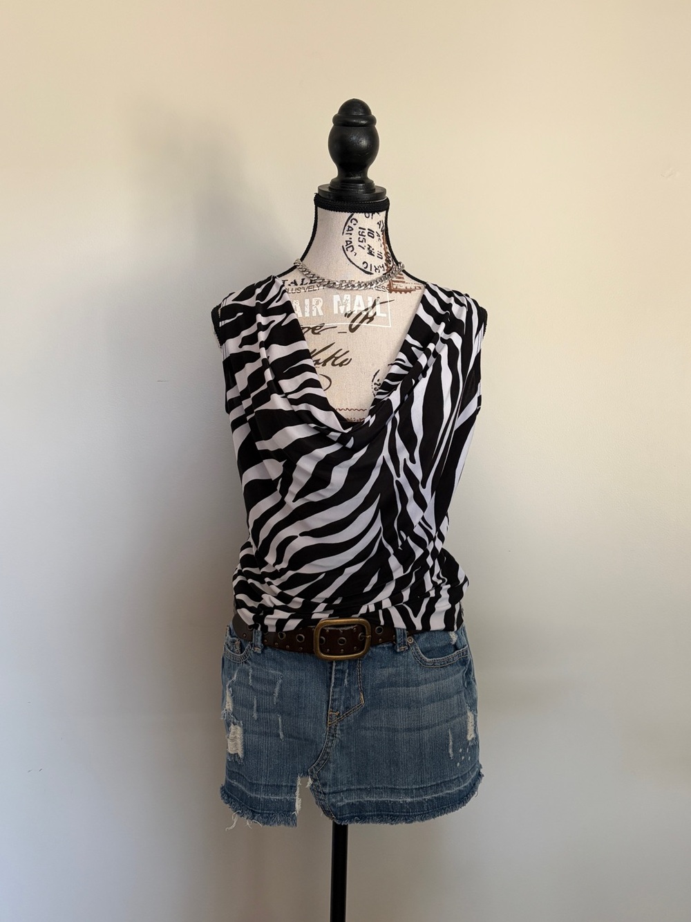 Y2K Zebra Print Cowl Neck Sleeveless Going Out Top